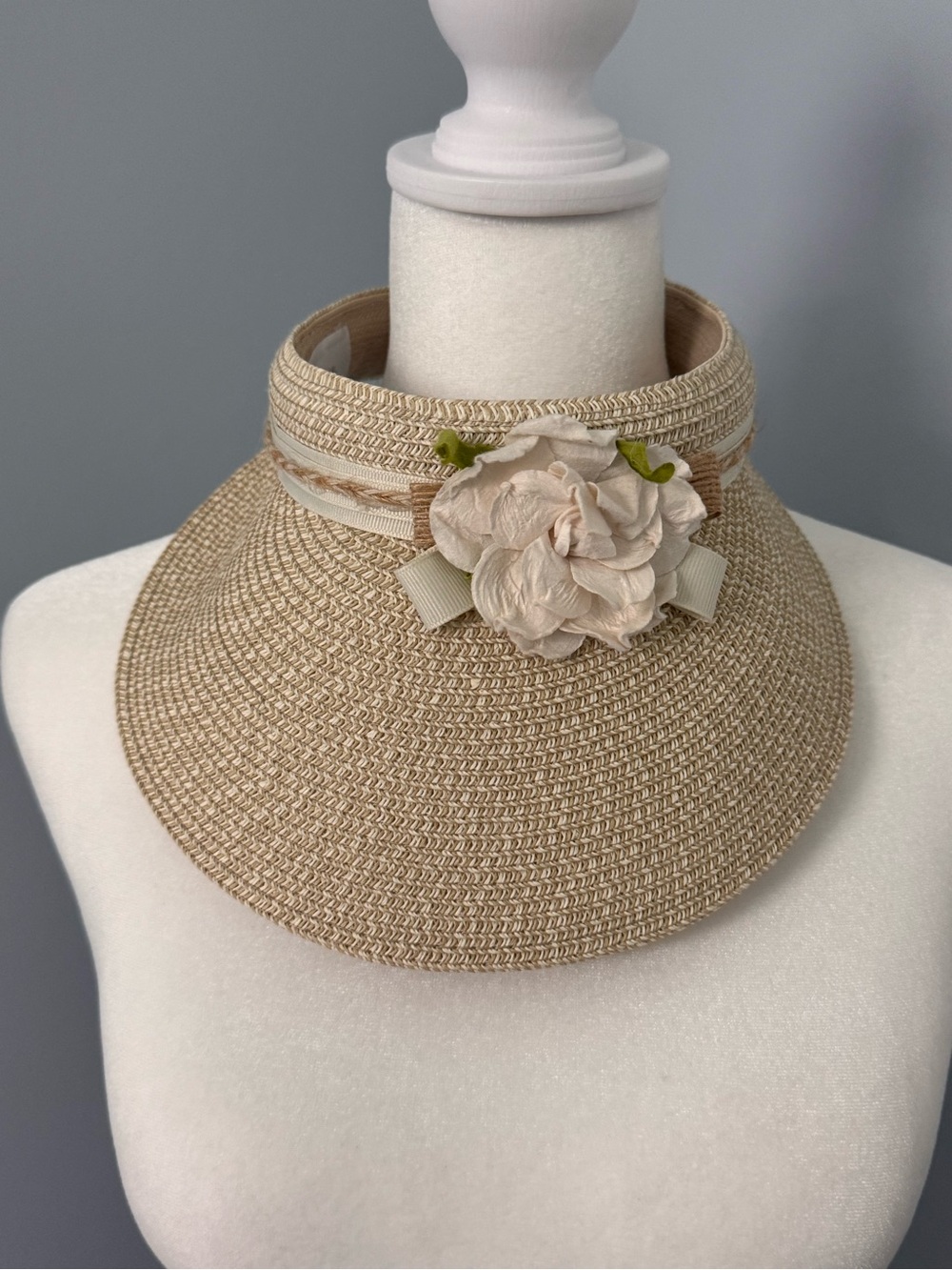 Handmade One Of A Kind Sun Visor with Cream Flower Trim by Laura Wells